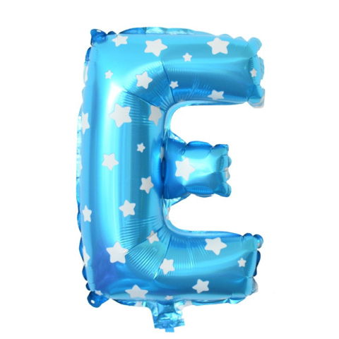 Litere - Balon Folie Metalizata Litera E, Flippy, 40 cm, Cu Imprimeu Stelute, Umflati cu Heliu sau Aer, Ambalaj Individual, Pai inclus, Albastru