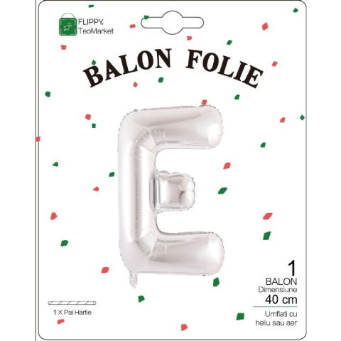 Litere - Balon Folie Metalizata Litera E, Flippy, 40 cm, Umflati cu Heliu sau Aer, Ambalaj Individual, Pai inclus, Argintiu