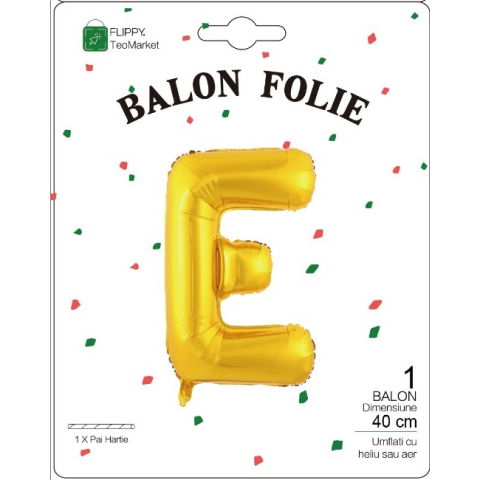 Litere - Balon Folie Metalizata Litera E, Flippy, 40 cm, Umflati cu Heliu sau Aer, Ambalaj Individual, Pai inclus, Auriu