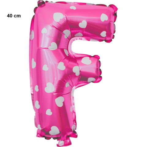 Litere - Balon Folie Metalizata Litera F, Flippy, 40 cm, Cu Imprimeu Inimioare, Umflati cu Heliu sau Aer, Ambalaj Individual, Pai inclus, Roz