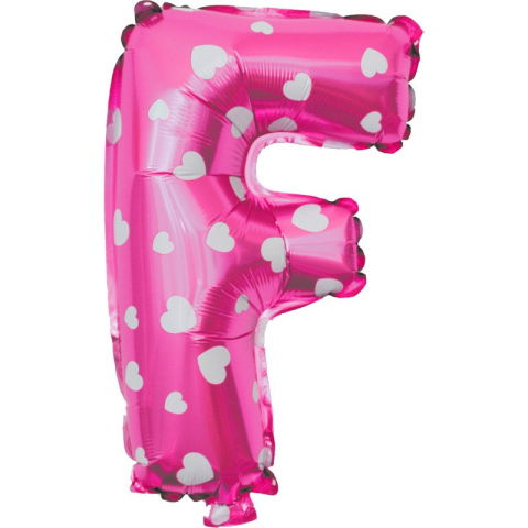 Litere - Balon Folie Metalizata Litera F, Flippy, 40 cm, Cu Imprimeu Inimioare, Umflati cu Heliu sau Aer, Ambalaj Individual, Pai inclus, Roz