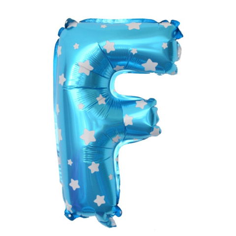 Litere - Balon Folie Metalizata Litera F, Flippy, 40 cm, Cu Imprimeu Stelute, Umflati cu Heliu sau Aer, Ambalaj Individual, Pai inclus, Albastru