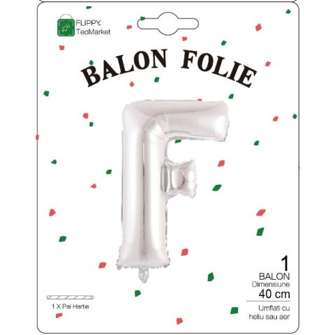 Litere - Balon Folie Metalizata Litera F, Flippy, 40 cm, Umflati cu Heliu sau Aer, Ambalaj Individual, Pai inclus, Argintiu