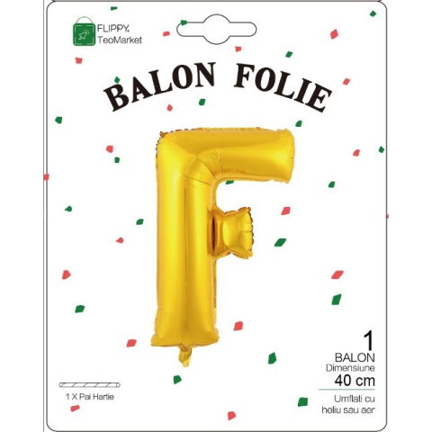 Litere - Balon Folie Metalizata Litera F, Flippy, 40 cm, Umflati cu Heliu sau Aer, Ambalaj Individual, Pai inclus, Auriu