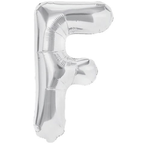 Litere - Balon Folie Metalizata Litera F, Flippy, 80 cm, Umflati cu Heliu sau Aer, Ambalaj Individual, Pai inclus, Argintiu
