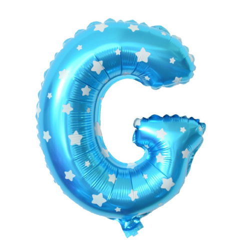 Litere - Balon Folie Metalizata Litera G, Flippy, 40 cm, Cu Imprimeu Stelute, Umflati cu Heliu sau Aer, Ambalaj Individual, Pai inclus, Albastru