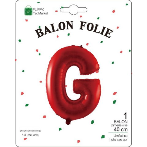 Litere - Balon Folie Metalizata Litera G, Flippy, 40 cm, Umflati cu Heliu sau Aer, Ambalaj Individual, Pai inclus, Rosu