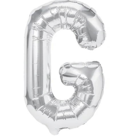 Litere - Balon Folie Metalizata Litera G, Flippy, 80 cm, Umflati cu Heliu sau Aer, Ambalaj Individual, Pai inclus, Argintiu