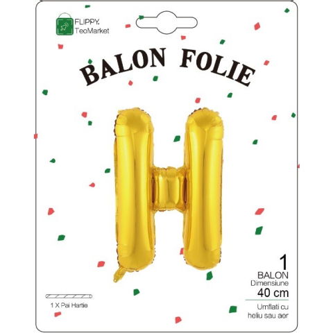 Litere - Balon Folie Metalizata Litera H, Flippy, 40 cm, Umflati cu Heliu sau Aer, Ambalaj Individual, Pai inclus, Auriu
