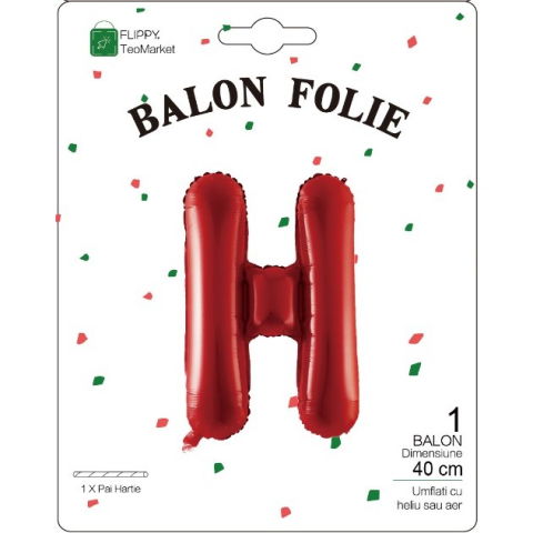 Litere - Balon Folie Metalizata Litera H, Flippy, 40 cm, Umflati cu Heliu sau Aer, Ambalaj Individual, Pai inclus, Rosu