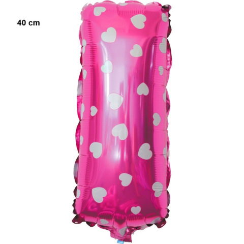 Litere - Balon Folie Metalizata Litera I, Flippy, 40 cm, Cu Imprimeu Inimioare, Umflati cu Heliu sau Aer, Ambalaj Individual, Pai inclus, Roz