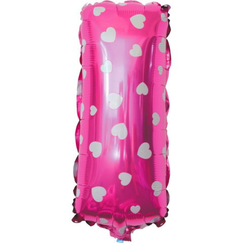 Litere - Balon Folie Metalizata Litera I, Flippy, 40 cm, Cu Imprimeu Inimioare, Umflati cu Heliu sau Aer, Ambalaj Individual, Pai inclus, Roz