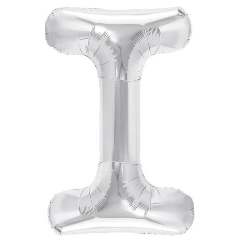 Litere - Balon Folie Metalizata Litera I, Flippy, 40 cm, Umflati cu Heliu sau Aer, Ambalaj Individual, Pai inclus, Argintiu