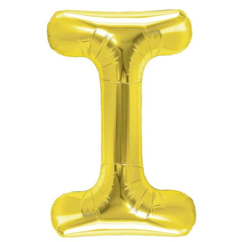 Litere - Balon Folie Metalizata Litera I, Flippy, 40 cm, Umflati cu Heliu sau Aer, Ambalaj Individual, Pai inclus, Auriu