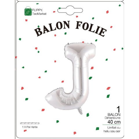 Litere - Balon Folie Metalizata Litera J, Flippy, 40 cm, Umflati cu Heliu sau Aer, Ambalaj Individual, Pai inclus, Argintiu