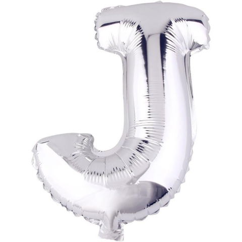 Litere - Balon Folie Metalizata Litera J, Flippy, 80 cm, Umflati cu Heliu sau Aer, Ambalaj Individual, Pai inclus, Argintiu