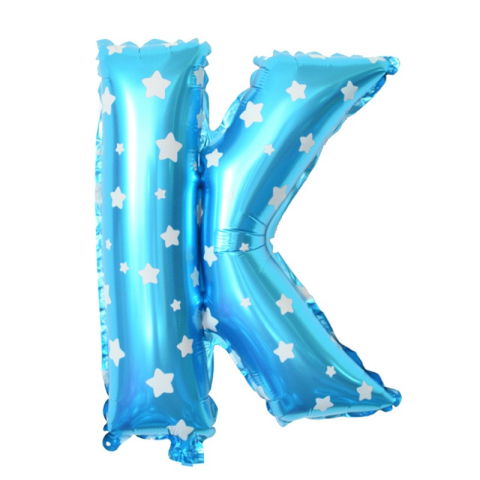 Litere - Balon Folie Metalizata Litera K, Flippy, 40 cm, Cu Imprimeu Stelute, Umflati cu Heliu sau Aer, Ambalaj Individual, Pai inclus, Albastru