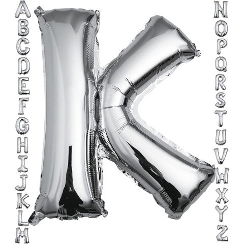 Litere - Balon Folie Metalizata Litera K, Flippy, 80 cm, Umflati cu Heliu sau Aer, Ambalaj Individual, Pai inclus, Argintiu