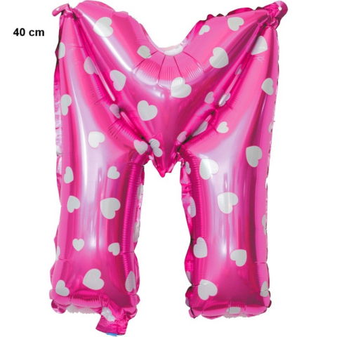 Litere - Balon Folie Metalizata Litera M, Flippy, 40 cm, Cu Imprimeu Inimioare, Umflati cu Heliu sau Aer, Ambalaj Individual, Pai inclus, Roz