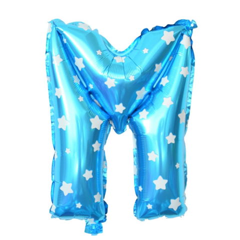 Litere - Balon Folie Metalizata Litera M, Flippy, 40 cm, Cu Imprimeu Stelute, Umflati cu Heliu sau Aer, Ambalaj Individual, Pai inclus, Albastru