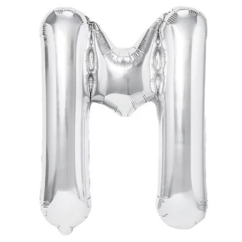Litere - Balon Folie Metalizata Litera M, Flippy, 40 cm, Umflati cu Heliu sau Aer, Ambalaj Individual, Pai inclus, Argintiu