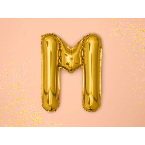 Litere - Balon Folie Metalizata Litera M, Flippy, 40 cm, Umflati cu Heliu sau Aer, Ambalaj Individual, Pai inclus, Auriu