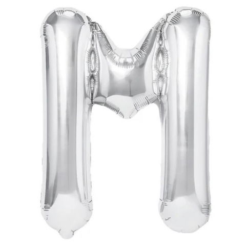 Litere - Balon Folie Metalizata Litera M, Flippy, 80 cm, Umflati cu Heliu sau Aer, Ambalaj Individual, Pai inclus, Argintiu