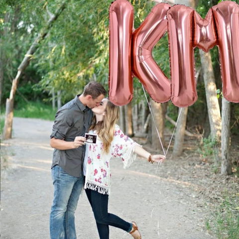 Litere - Balon Folie Metalizata Litera M, Flippy, 80 cm, Umflati cu Heliu sau Aer, Ambalaj Individual, Pai inclus, Rose Gold