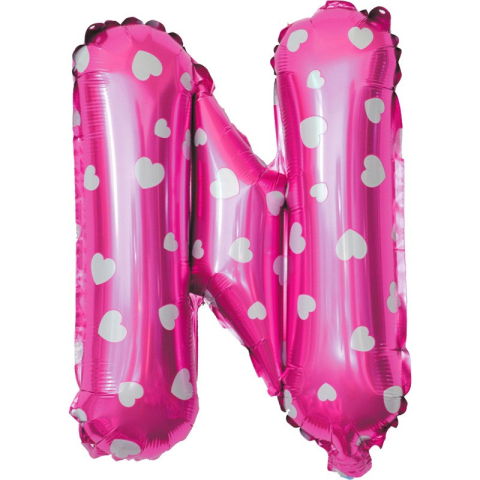 Litere - Balon Folie Metalizata Litera N, Flippy, 40 cm, Cu Imprimeu Inimioare, Umflati cu Heliu sau Aer, Ambalaj Individual, Pai inclus, Roz