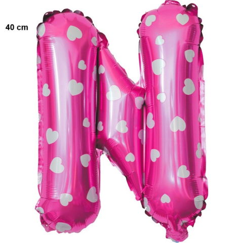 Litere - Balon Folie Metalizata Litera N, Flippy, 40 cm, Cu Imprimeu Inimioare, Umflati cu Heliu sau Aer, Ambalaj Individual, Pai inclus, Roz
