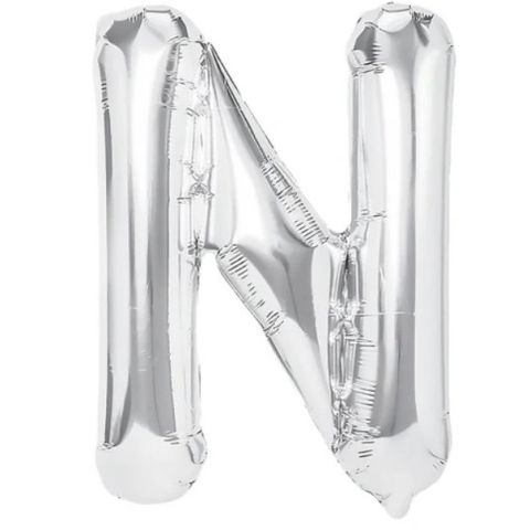 Litere - Balon Folie Metalizata Litera N, Flippy, 40 cm, Umflati cu Heliu sau Aer, Ambalaj Individual, Pai inclus, Argintiu