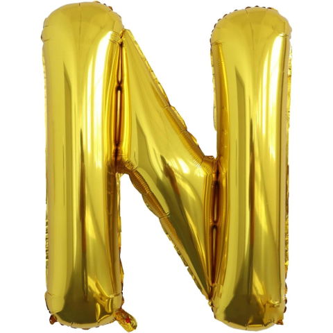 Litere - Balon Folie Metalizata Litera N, Flippy, 80 cm, Umflati cu Heliu sau Aer, Ambalaj Individual, Pai inclus, Auriu