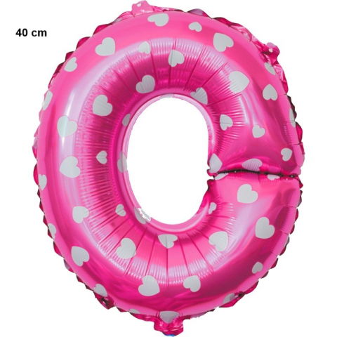 Litere - Balon Folie Metalizata Litera O, Flippy, 40 cm, Cu Imprimeu Inimioare, Umflati cu Heliu sau Aer, Ambalaj Individual, Pai inclus, Roz