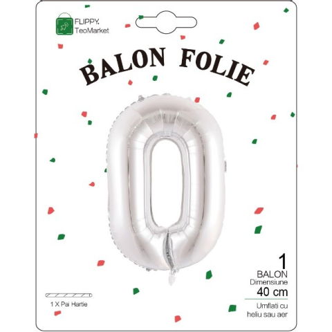 Litere - Balon Folie Metalizata Litera O, Flippy, 40 cm, Umflati cu Heliu sau Aer, Ambalaj Individual, Pai inclus, Argintiu