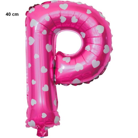 Litere - Balon Folie Metalizata Litera P, Flippy, 40 cm, Cu Imprimeu Inimioare, Umflati cu Heliu sau Aer, Ambalaj Individual, Pai inclus, Roz