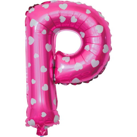 Litere - Balon Folie Metalizata Litera P, Flippy, 40 cm, Cu Imprimeu Inimioare, Umflati cu Heliu sau Aer, Ambalaj Individual, Pai inclus, Roz