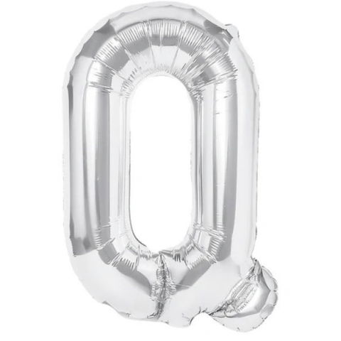 Litere - Balon Folie Metalizata Litera Q, Flippy, 80 cm, Umflati cu Heliu sau Aer, Ambalaj Individual, Pai inclus, Argintiu
