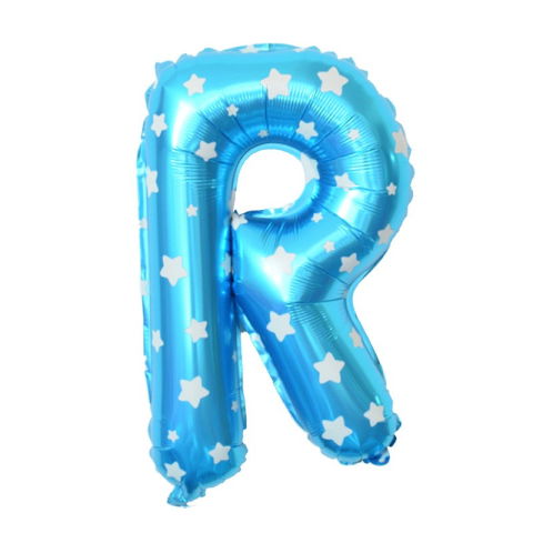 Litere - Balon Folie Metalizata Litera R, Flippy, 40 cm, Cu Imprimeu Stelute, Umflati cu Heliu sau Aer, Ambalaj Individual, Pai inclus, Albastru