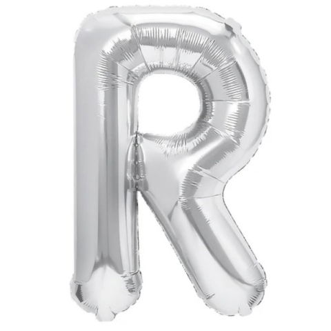 Litere - Balon Folie Metalizata Litera R, Flippy, 40 cm, Umflati cu Heliu sau Aer, Ambalaj Individual, Pai inclus, Argintiu