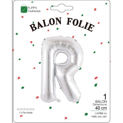 Litere - Balon Folie Metalizata Litera R, Flippy, 40 cm, Umflati cu Heliu sau Aer, Ambalaj Individual, Pai inclus, Argintiu