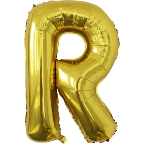 Litere - Balon Folie Metalizata Litera R, Flippy, 40 cm, Umflati cu Heliu sau Aer, Ambalaj Individual, Pai inclus, Auriu