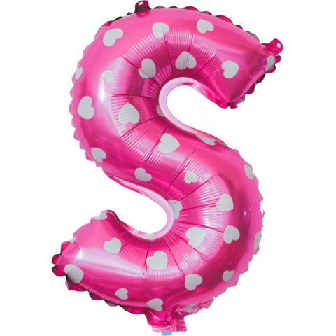 Litere - Balon Folie Metalizata Litera S, Flippy, 40 cm, Cu Imprimeu Inimioare, Umflati cu Heliu sau Aer, Ambalaj Individual, Pai inclus, Roz