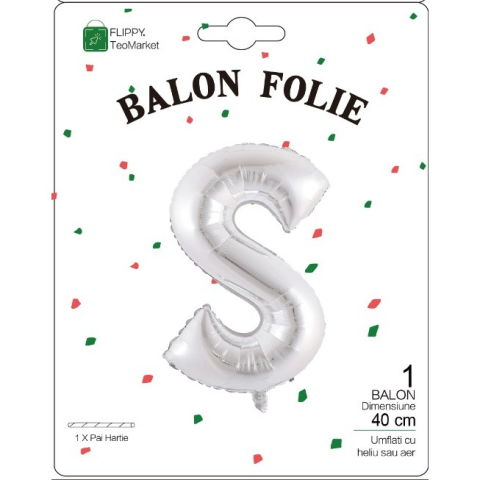 Litere - Balon Folie Metalizata Litera S, Flippy, 40 cm, Umflati cu Heliu sau Aer, Ambalaj Individual, Pai inclus, Argintiu