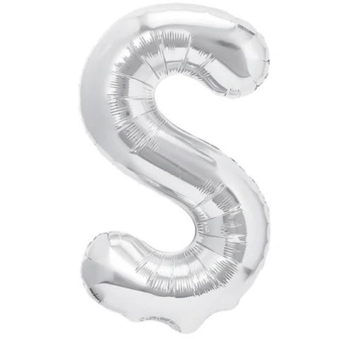 Litere - Balon Folie Metalizata Litera S, Flippy, 40 cm, Umflati cu Heliu sau Aer, Ambalaj Individual, Pai inclus, Argintiu
