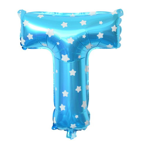 Litere - Balon Folie Metalizata Litera T, Flippy, 40 cm, Cu Imprimeu Stelute, Umflati cu Heliu sau Aer, Ambalaj Individual, Pai inclus, Albastru