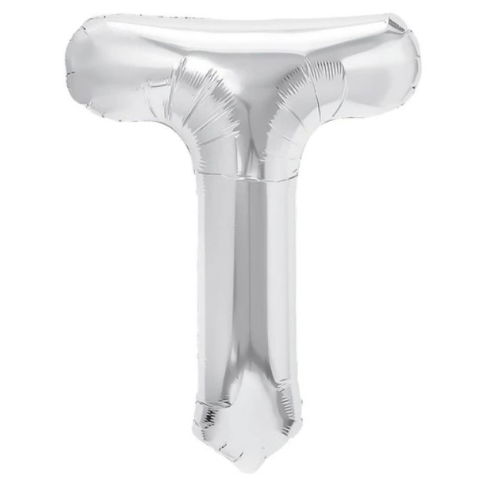 Litere - Balon Folie Metalizata Litera T, Flippy, 40 cm, Umflati cu Heliu sau Aer, Ambalaj Individual, Pai inclus, Argintiu