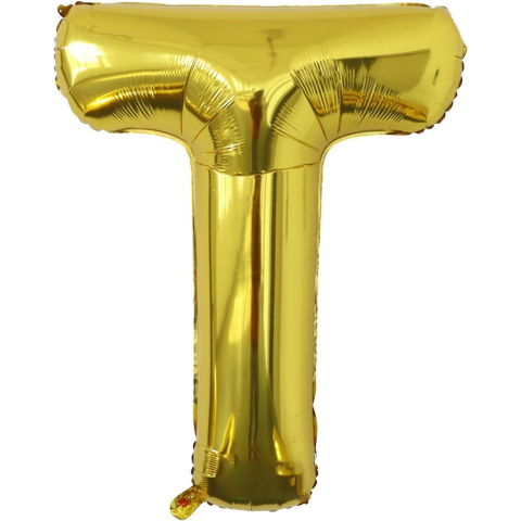 Litere - Balon Folie Metalizata Litera T, Flippy, 40 cm, Umflati cu Heliu sau Aer, Ambalaj Individual, Pai inclus, Auriu