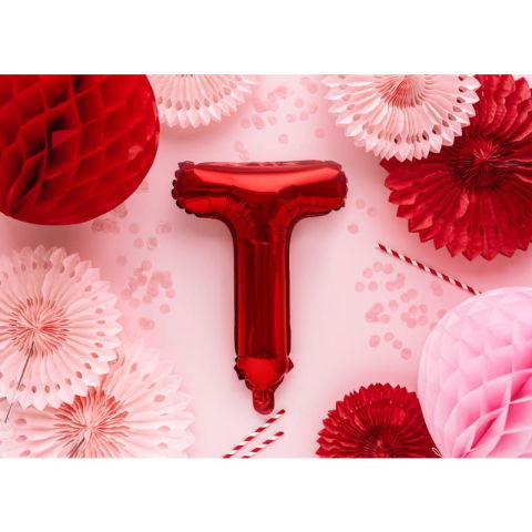 Litere - Balon Folie Metalizata Litera T, Flippy, 40 cm, Umflati cu Heliu sau Aer, Ambalaj Individual, Pai inclus, Rosu