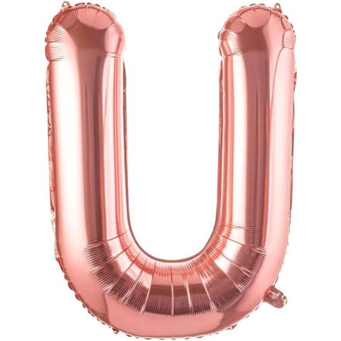 Litere - Balon Folie Metalizata Litera U, Flippy, 100 cm, Umflati cu Heliu sau Aer, Ambalaj Individual, Pai inclus, Rose Gold