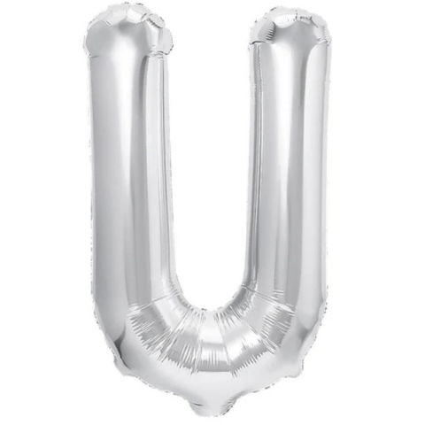 Litere - Balon Folie Metalizata Litera U, Flippy, 40 cm, Umflati cu Heliu sau Aer, Ambalaj Individual, Pai inclus, Argintiu